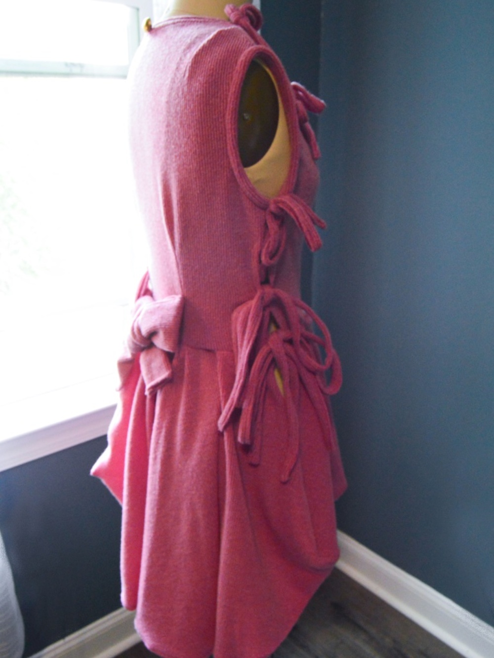 One of One Handmade, Dusty Pink Asymmetrical Soft Knit Mini Dress, with Bows - Picture 9 of 17